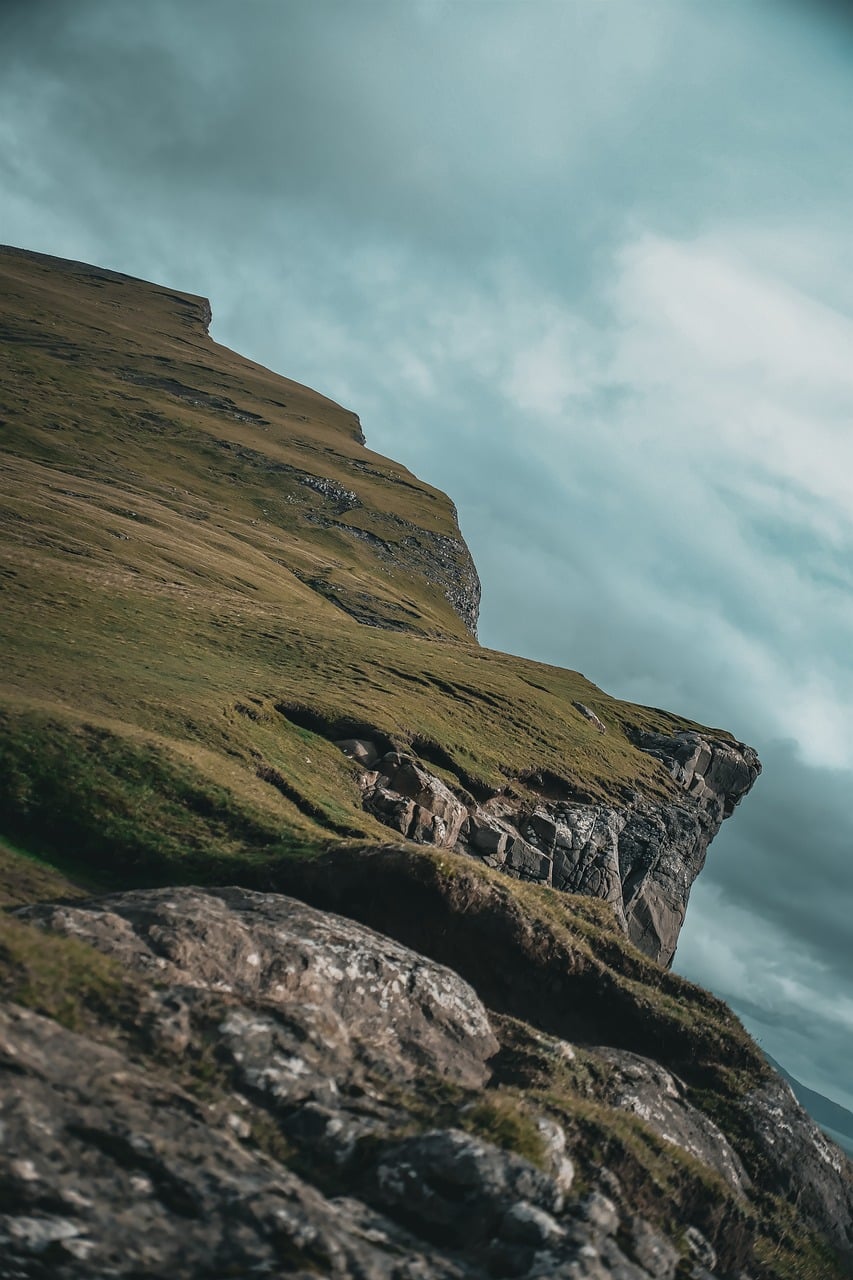 rock, nature, landscape, cliffs, meadow, heaven, clouds